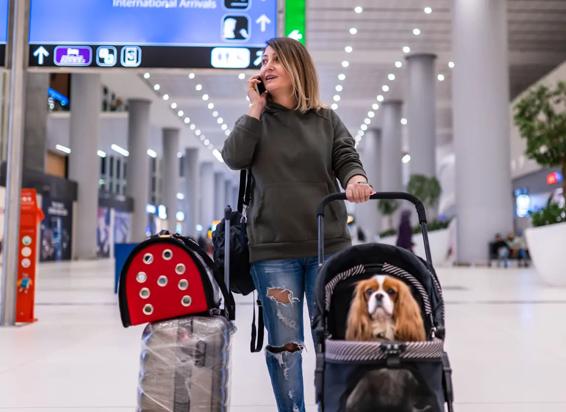Woman in airport with dog and luggage.